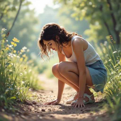 Girl bent over looking at something on the ground with the camera behind her