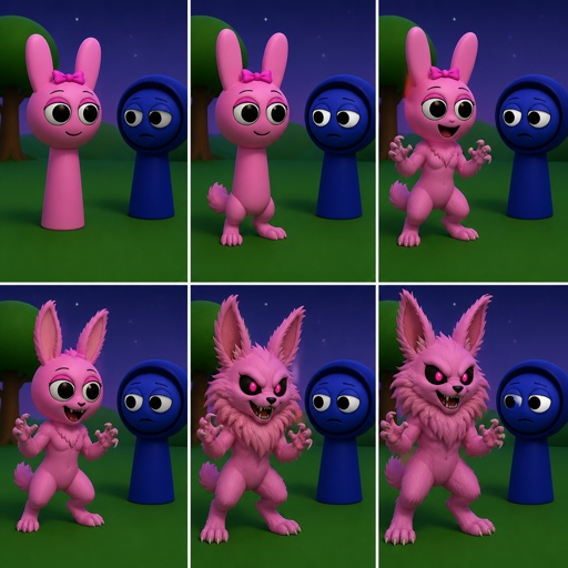 Pinki from sprunki starting to turn into her kind Wererabbit self in front of Jevin from sprunki with her legs and tail transforming and then her arms and then her ears and her neck gets fluffy and then she’s fully transformed with her eyes being black and pink