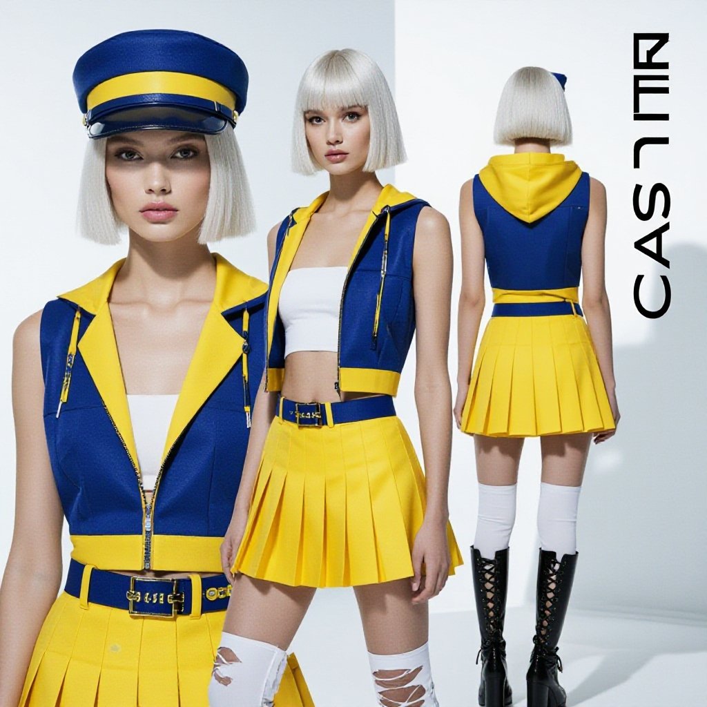 A stylish young woman with platinum blonde bob-cut hair, wearing a sleek indigo and yellow outfit inspired by futuristic street fashion. She wears a fitted indigo cap with a bold yellow band, a sleeveless indigo and yellow hooded vest left open to reveal a low-cut white tube top. Her yellow pleated mini skirt has indigo accents and a matching belt. She also wears white torn thigh-high leggings and tall black lace-up combat heel boots. The lighting is studio-bright with a clean background, emphasizing her confident pose and the sharp contrast of the outfit colors.