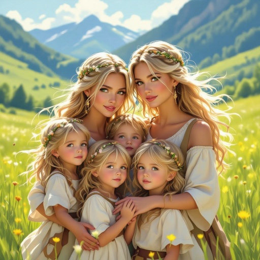 Twin women’s with blond hair and their four twin children 