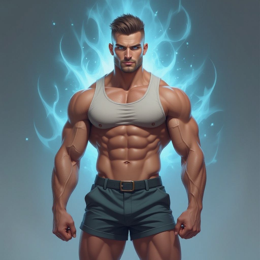 Mężczyzna. Wysoki o muskularnej budowie. Obcięty na jeżyka, wygolone boki na zero. Delikatny zarost. Mocna budowa ciała. Orli nos. Wąskie usta i jasne niebieskie oczy. Ubrany w koszulkę bez rękawów i shorty