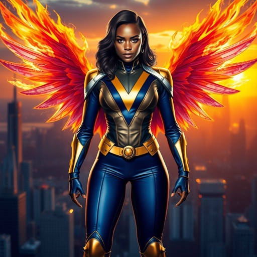 African American female superhero with neck length hair in a side part style wearing a leather gold blue and white suit with blue pants and gold boots with a stylized V as her chest emblem and fire wings standing in a city at dawn