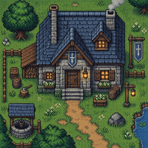 Rugged house with slanted roof for a modern fantasy game, top down style, shading and highlights, items
