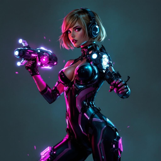 Full Body Mass Effect Babe wielding an Omni tool synthweave and Organza black and pink tight spy catsuit light brown hair pixie Bob cut