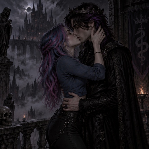 A 19 year old girl who has blue hair with pink and purple stripes and hazel eyes. She is wearing a blue shirt and black pants. With her is a 20 year old prince who has black hair with purple stripes and blue eyes. He is wearing a black shirt and black pants. They are kissing. 
