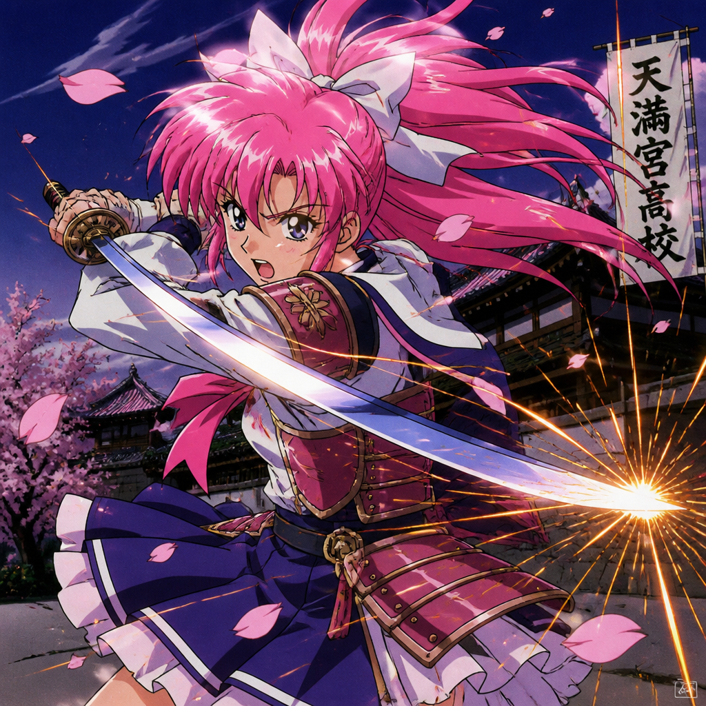 A spirited pink-haired swordgirl in a flowing school-uniform-meets-armor outfit, mid-slash with sparks and cherry petals swirling.