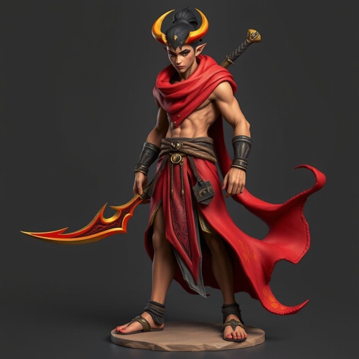 Create handsome hero Rhen the Fire – A lean, muscular man. He wears layered, flowing desert robes dyed in warm reds and golds, with scorch marks where flames have licked them. A curved blade hangs at his hip. Show whole body head to toe including her shoes.