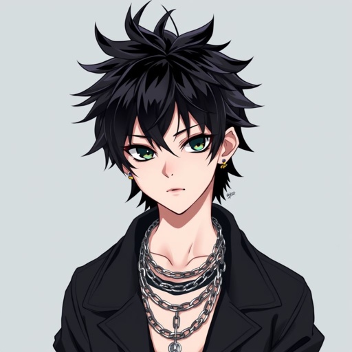 Create a teenage goth boy who has black hair, black eyes, pale skin and his attire is black.