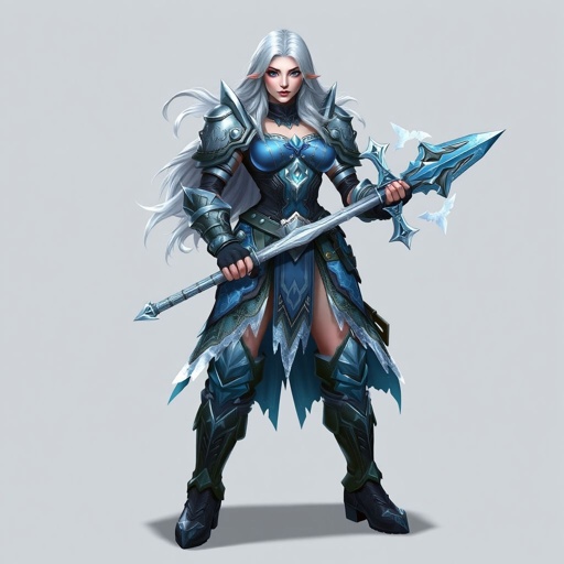 Create a battle woman hero called Alvara the Frostheart. Show full body head to toe including shoes