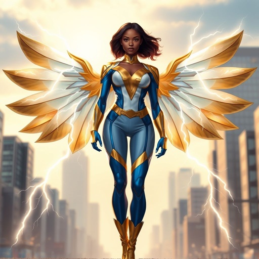 African American female superhero with neck length hair in a side part style wearing a gold white and blue suit with blue pants and gold boots with a stylized V as her chest emblem and wings made of lightning standing in a city at dawn
