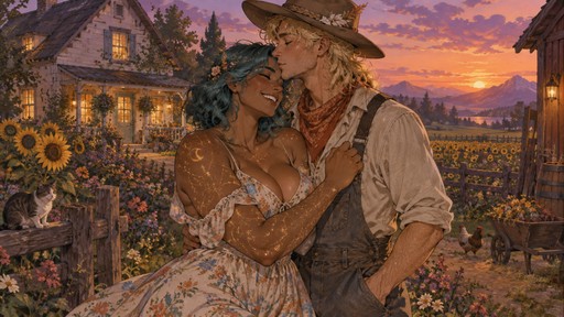 Vivid sketchy fantasy D&D concept illustration of a man playfully kissing a woman on the forehead in a flowering farm field in front of a farmhouse at dusk. the woman is tall, toned, curvy, and gentle with wavy bobbed teal hair, dark tan skin, freckles, a straight nose, brown eyes, and all encompassing glittering constellation tattoos, wearing a soft colorful flowy country dress. she giggles and hugs her friend. the man is tall, gentle, and sweet with a blonde messy mullet, soft green eyes and freckles, wearing a cowboy hat and vibrant farm clothes.