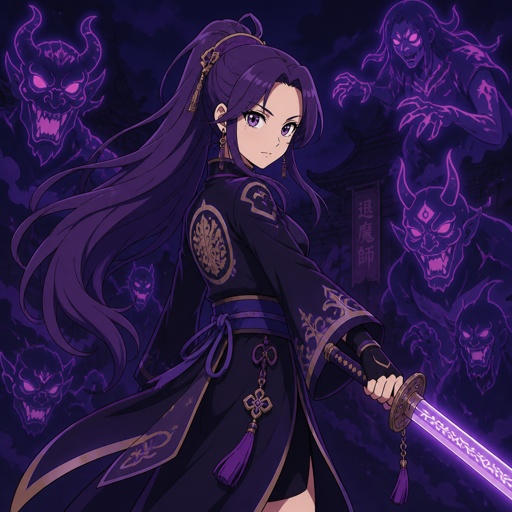 Romy von K-Pop, Demon Hunter mit langen, lilanen Haaren und einen Schwert in der Hand. Drum herum sind Demonen