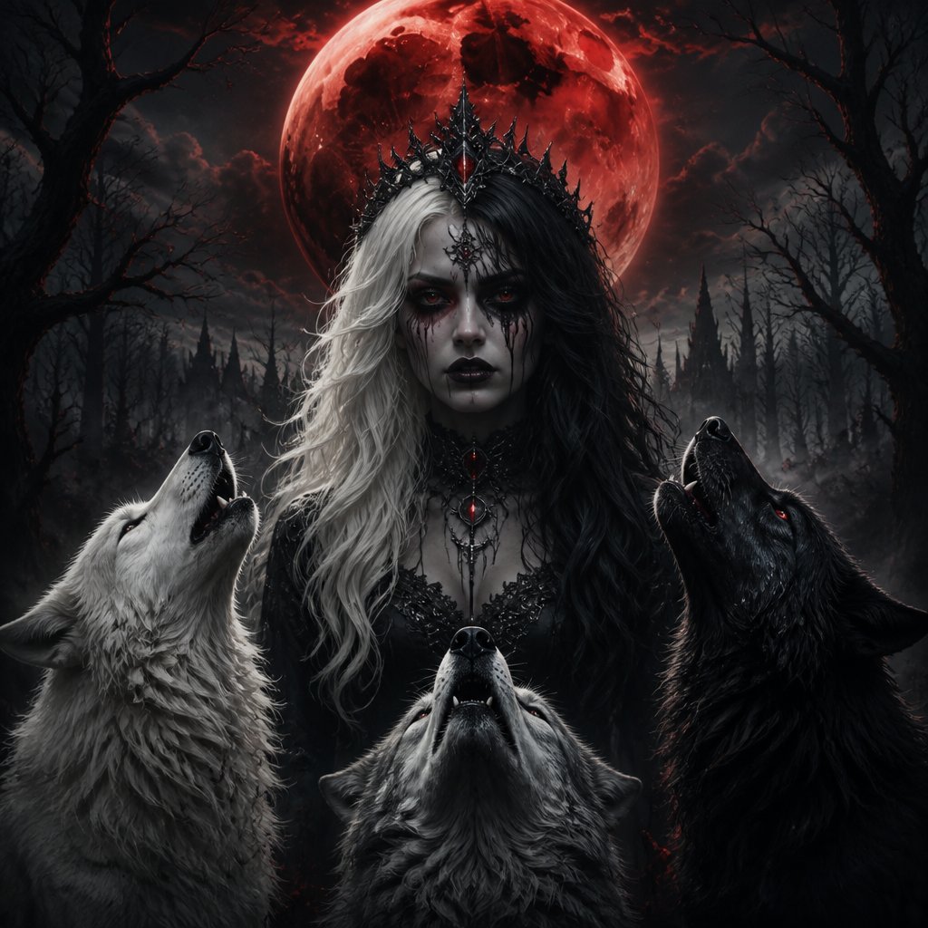 half blonde half black hair moon with white wolf black wolf grey wolf