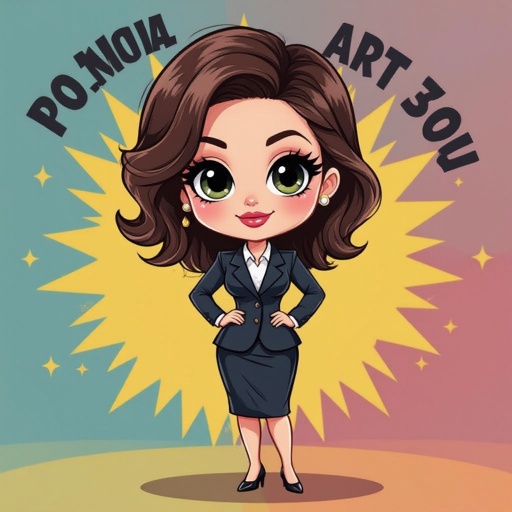 Create a chibi character mid 30’s lady who is in a suite with hands on waste