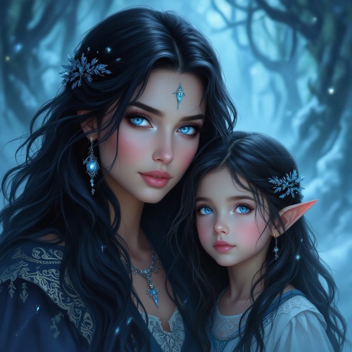 Older Mother and almost teenage daughter with black hair and bleu eyes with hidden kinetic powers