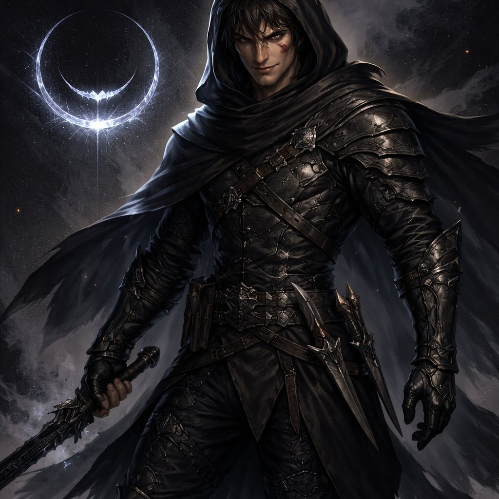 Tony “Grinshade” Varric Tony stands at 5 feet 5 inches, compact and deceptively unassuming. What he lacks in height, he makes up for in precision and presence. His build is lean and coiled—like a spring always half-tensed—giving the impression he could vanish or strike in the same heartbeat. His face carries a permanent half-smirk, the kind that makes people uneasy without knowing why. Dark, tousled hair falls just above sharp, watchful eyes—eyes that miss nothing. A faint scar cuts across his left eyebrow, a reminder of a fight he doesn’t talk about. Tony wears layered leather armor in deep charcoal and muted green tones, designed for silence rather than show. A hooded cloak often shadows his features, helping him melt into dim alleys or forest edges alike. ⸻ Weapons • Primary Weapon: “Night’s Whisper” A slender, slightly curved short blade forged from blackened steel. It absorbs light rather than reflecting it, making it almost invisible in darkness. The blade is unnaturally quiet—no ring, no scrape—only the soft end of whatever it touches. • Twin Daggers (Hip-mounted): Resting on each side of his hips are two matching daggers: • “Echo” (right hip) – balanced for throwing, returning to his hand with uncanny accuracy. • “Silence” (left hip) – designed for close combat, its edge so fine it leaves wounds before pain can register. Their hilts are wrapped in worn black cord, molded perfectly to his grip. ⸻ Sigil: The Grinning Eclipse Tony’s sigil is as unsettling as he is. Imagine a black circle (an eclipse), edged with a thin silver ring. Cutting across the circle is a crooked, crescent grin, slightly jagged, like it was carved rather than drawn. From the grin’s edges, faint lines trail outward—suggesting motion, like a shadow stretching. The meaning behind it: • The eclipse represents concealment and hidden power • The grin symbolizes his unpredictability—danger masked as amusement • The silver edge hints at precision and the thin line between control and chaos He wears this sigil subtly—etched into a clasp on his cloak and faintly engraved on the pommel of Night’s Whisper. ⸻ Presence & Reputation Tony is the kind of person people remember after he’s gone. A whisper in criminal circles, a ghost to his enemies. Some say if you see the grin, it’s already too late.