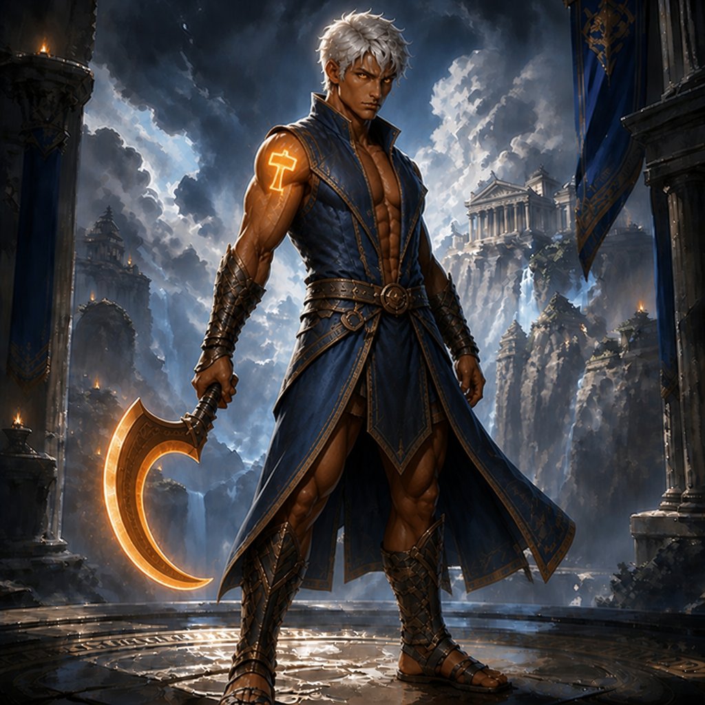 a man with a hammer standing in front of a castle