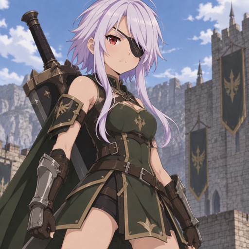 a woman with white hair and a sword in front of a castle
