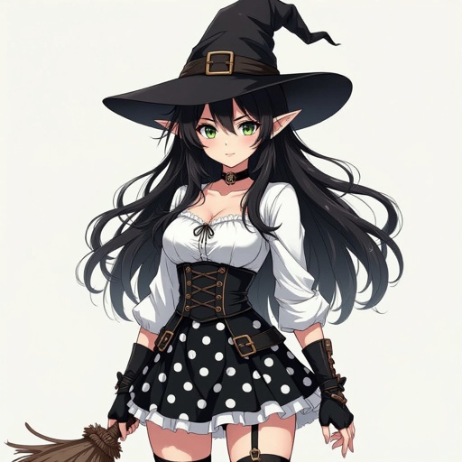 Brunette witch elf in a battle worn and damaged tight black and white polka dot mini skirt and white blouse and witches hat. The outfit had seen wear and tear