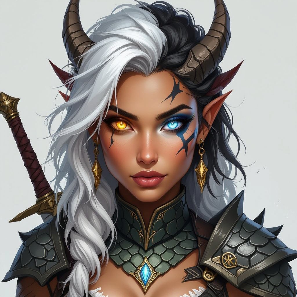 DND Dragonborn female with tan skin and dragon scales on her chest and up her back and part of her face with messy battle white and black hair her left is is a bright glowing Amber Auburn and her right eye is a bright glowing sky blue with a smooth dagger scar down her left eye 