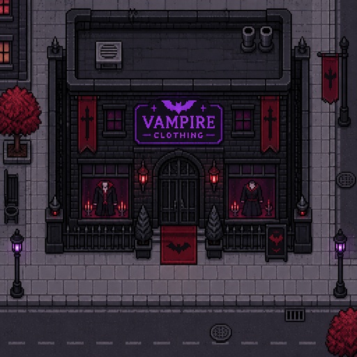 Vampire clothes store for a fantasy game set in modern times, exterior, full building, top-down style