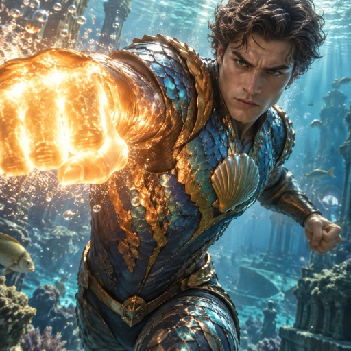 His name is Pistol, a pistol shrimp turned into a human superhero, a shell outfit, colorful design, show him punching and his fist is lighted up like the sun. Background is the under water 