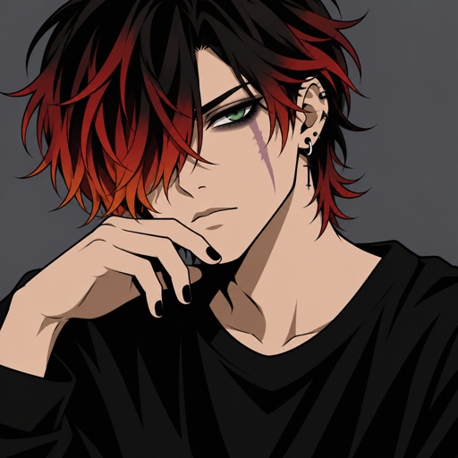 Male, teen, green eyes, ear piercings, black shirt, purple scar, neck length hair covering one eye, red orange and black hair gradient, black nail polish, black eyeshadow