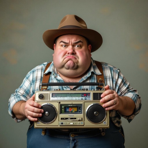 Create a funny fat guy who isnt friendly from New York  has a boom box radio , make it Toy Story graphics  
