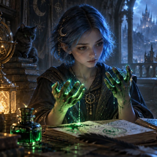 a woman sitting at a table in front of a book