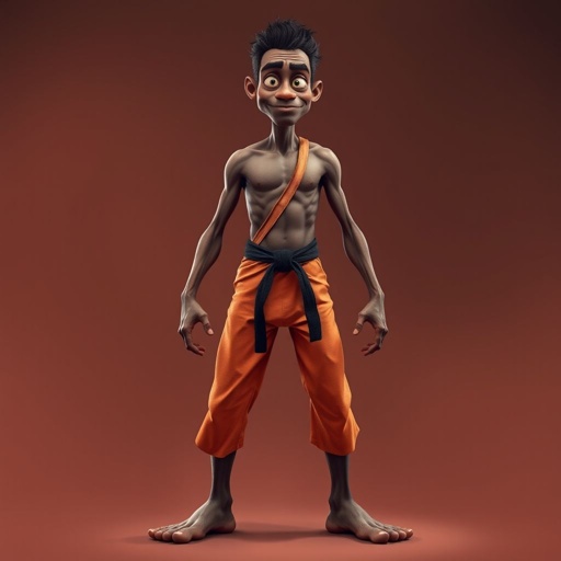 Create a character who looks like a funny African karate guy who doesn’t have a clue what he is doing. Make him have weird toes, only speedos on and a black karate belt. Make him tal skinny and slinky.