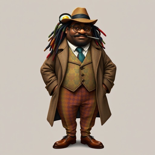 Create a funny fat character similar to Sherlock Holmes, but make him of black decent and with dread locks. Show his whole outfit including his shoes.