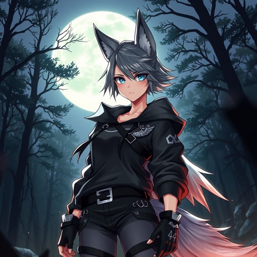 Human girl with wolf ears and one wolf tail and cool black clothing and background