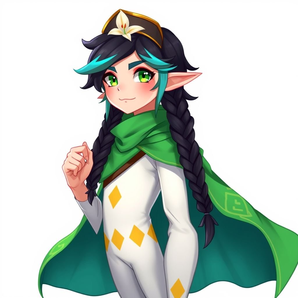 A teenage boy in the form of a bard wearing white tights with yellow diamonds on each leg, a green cape, black hair with braids and cyan coloured tips, green eyes and pale skin and a small hat with a white lily