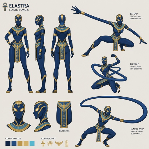 Female superhero with elastic powers, costume is Egyptian inspired, full face mask, multiple of the same character