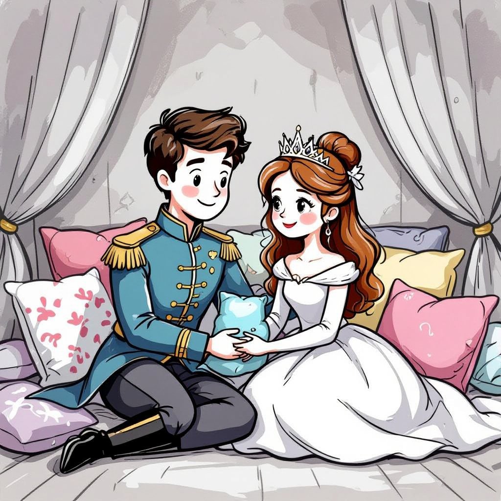 prince and princess in a room surrounded by cushions and bedding 