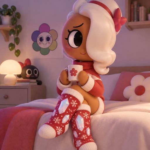 a doll sitting on top of a bed holding a cup
