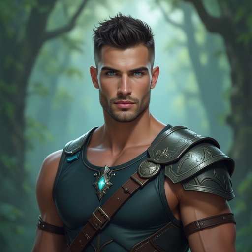 Mężczyzna. Wysoki o muskularnej budowie. Obcięty na jeżyka ciemne włosy. wygolone boki na zero. Włosy ulizane na bok. Delikatny zarost.  Orli nos. Pyzata twarz. Wąskie usta i jasne niebieskie oczy. Sportowiec. Ubrany w koszulkę bez rękawów zasłaniającą brzuch