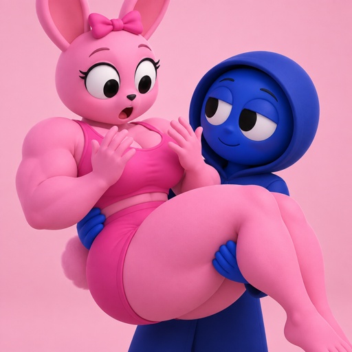 Pinki from Sprunki in Jevin From Sprunkis arms as her kind Wererabbit self noticing that she’s getting bigger and stronger 
