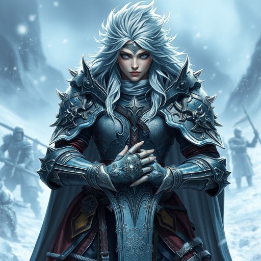 Alvara the Frostheart – A tall, battle-hardened woman. Show her head to toe.