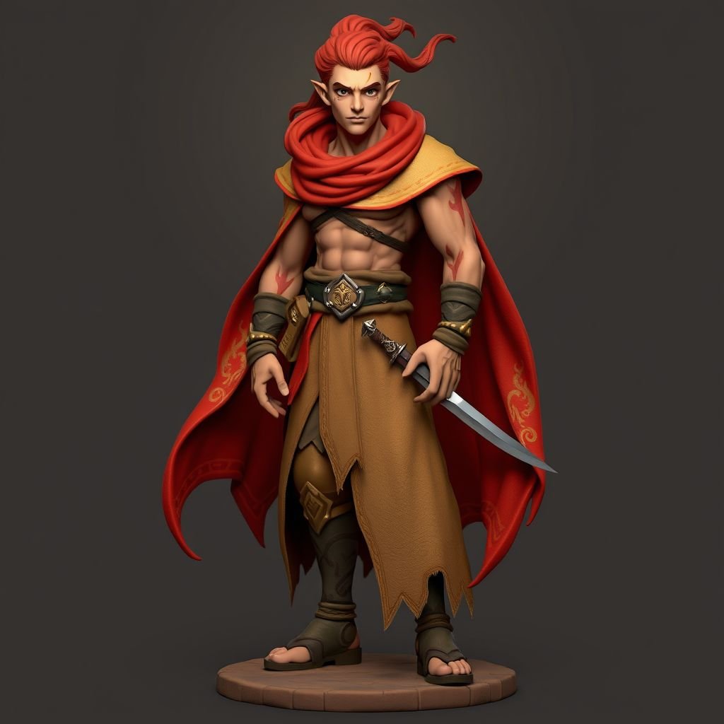 Create handsome guy name Rhen the Fire – A lean, muscular man. He wears layered, flowing desert robes dyed in warm reds and golds, with scorch marks where flames have licked them. A curved blade hangs at his hip. Show whole body head to toe including her shoes.