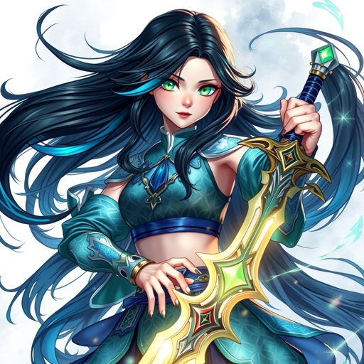 A mildly pale teenage girl. Godly two-piece clothing, glowing emerald eyes, hair as black as coal with cyan tips weighed down by a legendary sword in a striking position