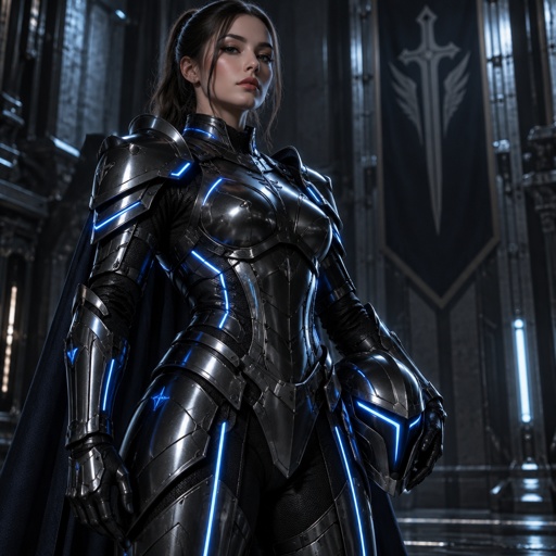 Gorgeous lady in a black knight futuristic armor 