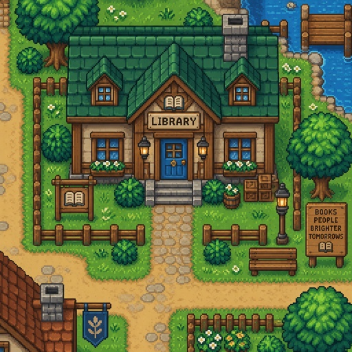 Village small cozy library wood for a modern fantasy game, exterior, top down style