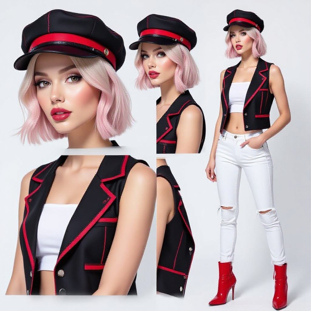 Pretty blonde and pink hair in a Bob Haircut wearing a stylish black cap with red band and small red stripes  she wears a matching open black and red vest and a low cut white  tube top and white torn skinny jeans and red high heel boots