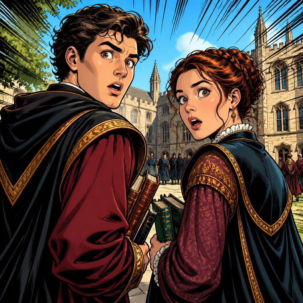 No speech bubbles, vivid colours three-quarter rear view of a couple of male and female students in their mid 20s dressed and renaissance robes with shocked expressions no speech bubbles, highly realistic