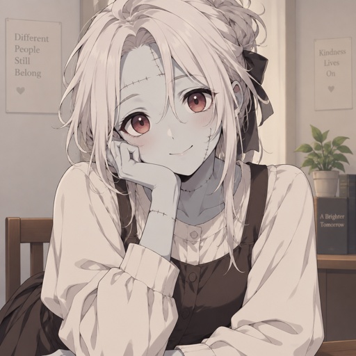 Zombie woman, modest clothes, try to look friendly