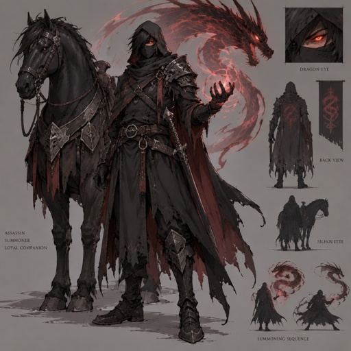 dark assassin, dragon eye, horse companion, summoning abilities,