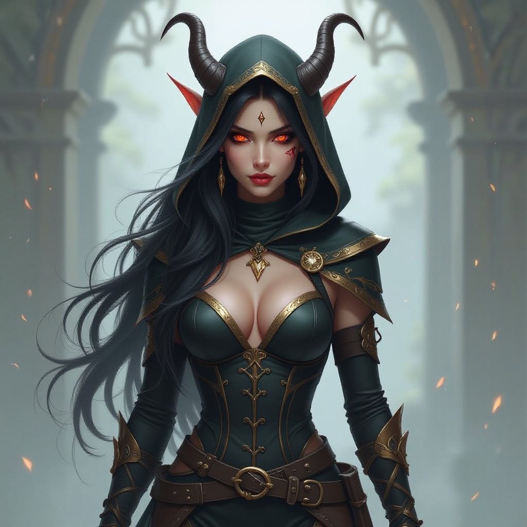 Create a 17 year old beautiful tiefling. She has long black hair with a streak of gold going through. She is very beautiful. She has one red eye and one black one. She has light tan skin and has skin coloured patterns. She has small horns and is very alluring. She is wearing skin tight long sleeves and trousers their and adventure clothes with a hood. She is 5’8 and 113  pound and very sexy with an hourglass figure. She also has a toned slim model build. She is also wearing black boots.  She is also badass and very cool