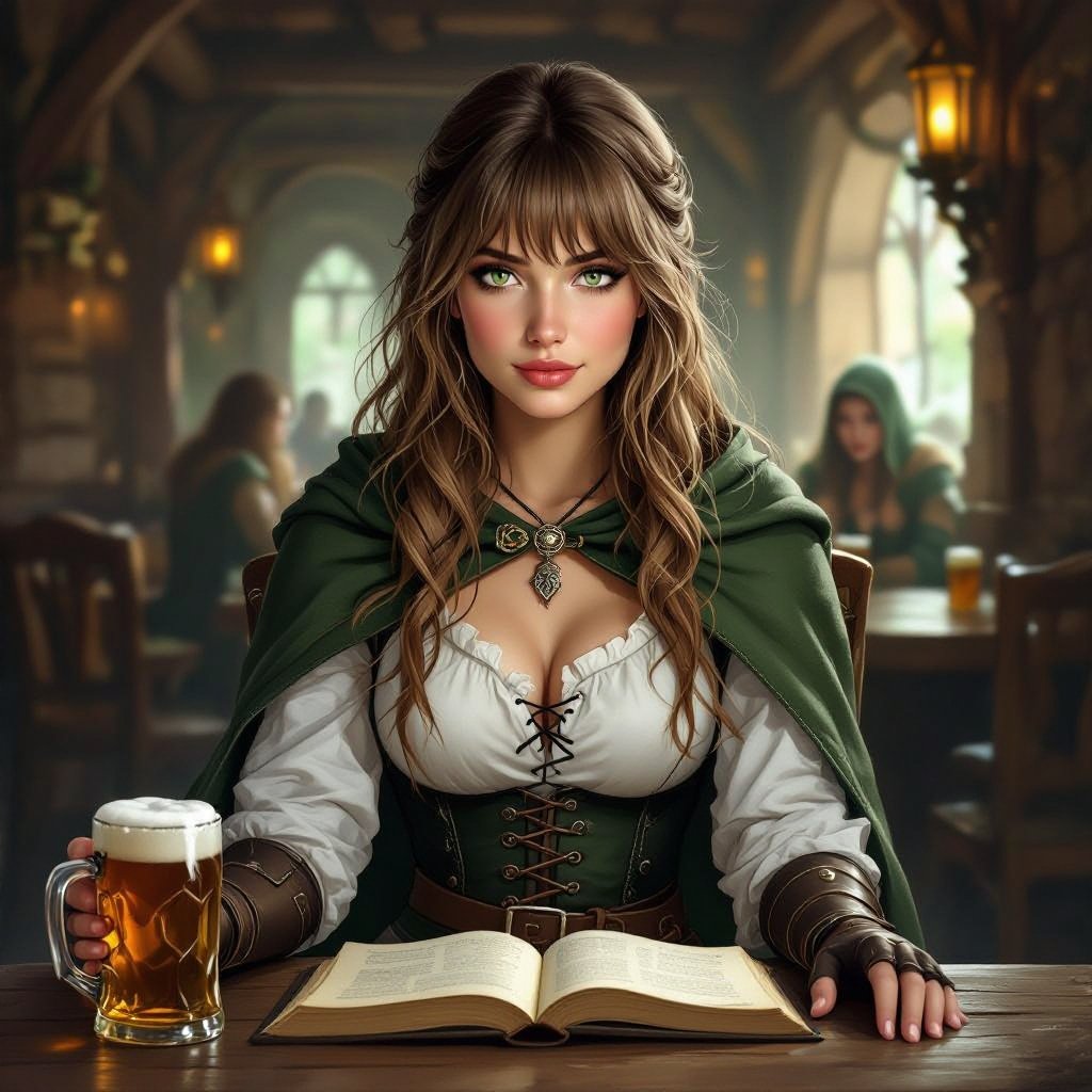 Młoda kobieta o długich jasno brązowych włosach z grzywką i jasno zielonych oczach. Okrągła, pyzata twarz. Brak makijażu. Ubrana jest w białą koszule, na której ma lekką zbroje. Nosi lekką zbroje. Ma ubrane czarne spodnie a na nich zieloną spódnicę krótszą z przodu. Ma ciemnozieloną peleryne. Kobieta jest przyjazna. Ma delikatną urodę. Wąskie usta. Duże oczy. W tle karczma. Jest dzień. Klimat fantasy, realistyczny. Odwrócona bokiem. Koszula jest zapięta. 
Kobieta siedzi przy stole w karczmie. Na stole stoi kufel piwa. Wzrok ma skupiony, wpatrzony w książke, która leży przed nią na blacie baru. Wzrok w dół. Kobieta patrzy na książke.  Kobieta jest łotrzykiem, złodziejem, skrytobójcą. 
