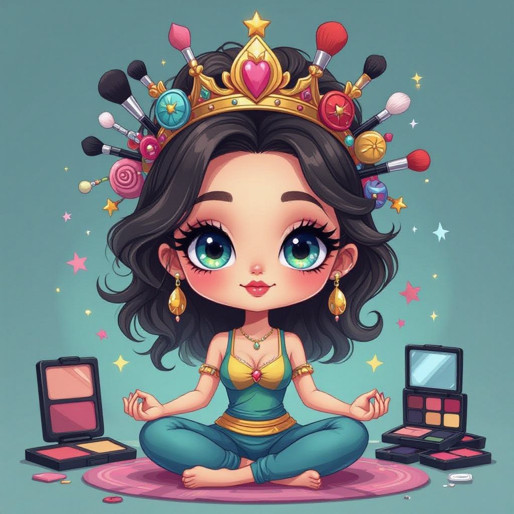 Create a chibi character mid 30’s lady who is the meditating with crown of makeup stuff